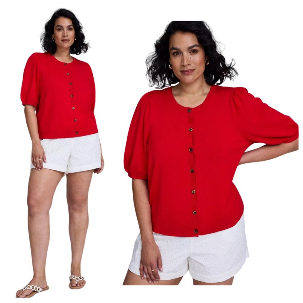 Torrid Belle Isle Scalloped Puff Sleeve Red Cardigan NWT Size 0 Large 12